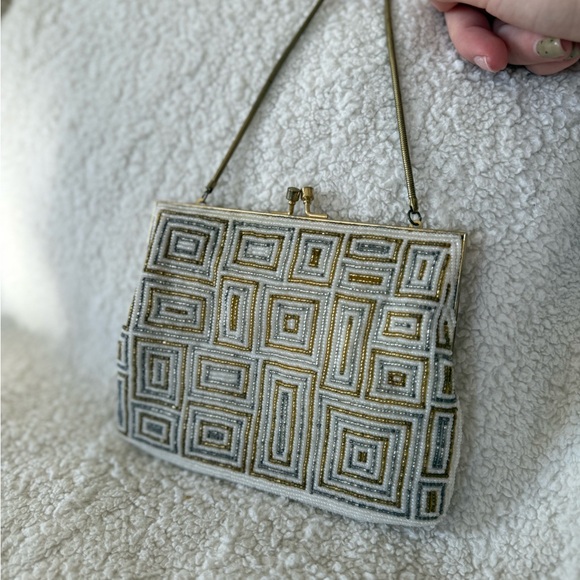 Vintage Walborg Gold & White Beaded Geometric Evening Bag Clutch - Picture 4 of 7